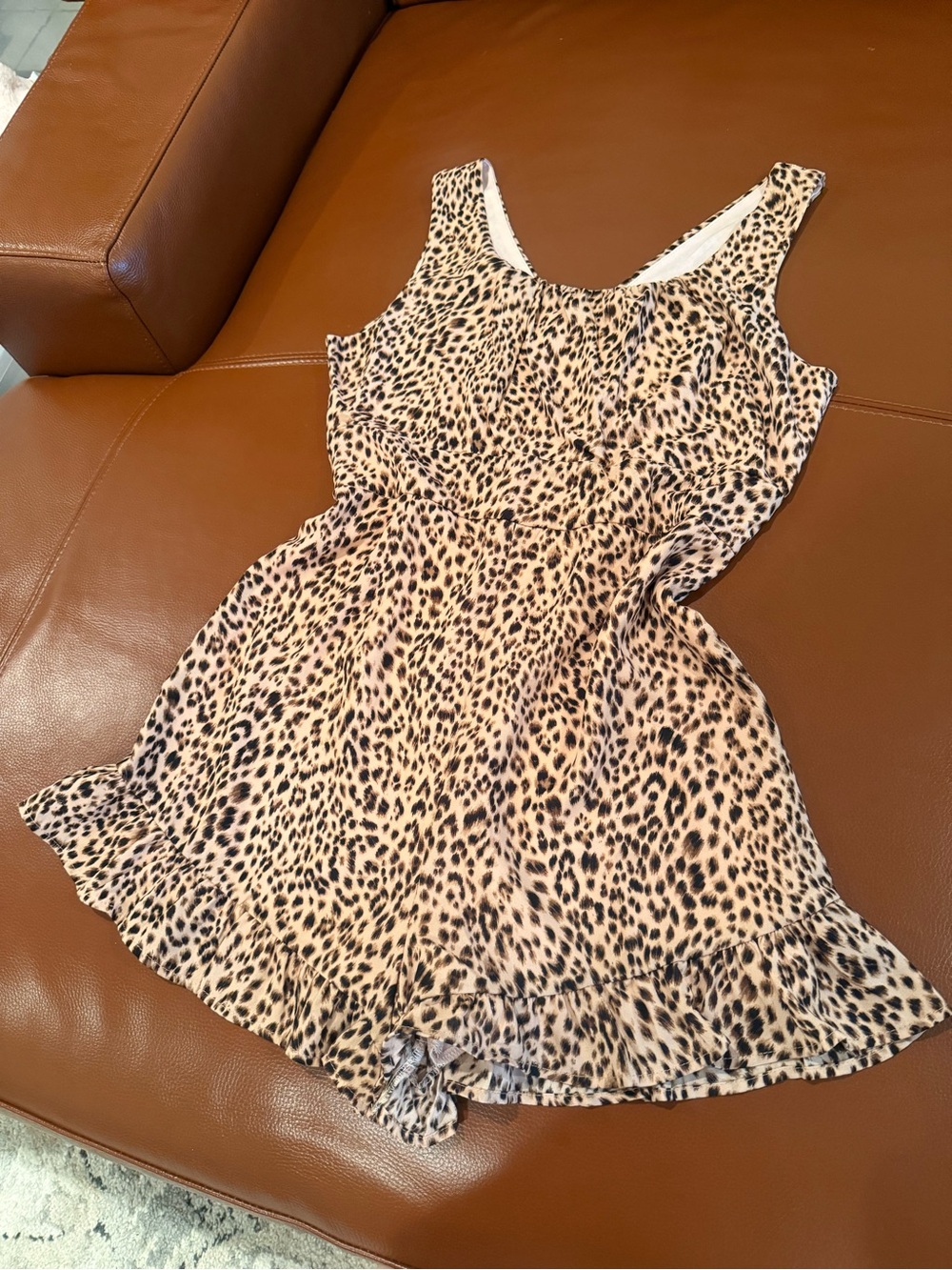 Sleeveless Leopard Print Romper Light Pink Liner Neutral Tones Flowy Ruffles Zip